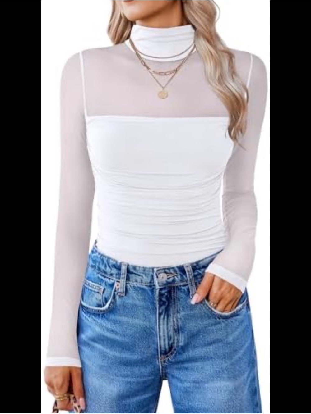 ReoRia XL White Long-Sleeve Sheer Mock Neck Ruched Bodysuit